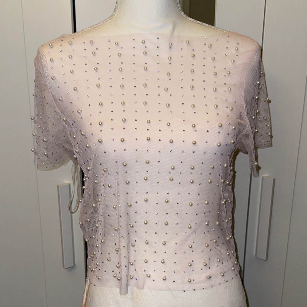 Chic Pearl-Studded Blush Blouse